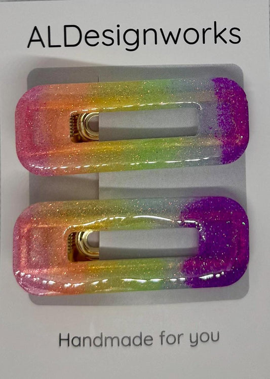 Pastel rainbow glitter resin barrettes set of 2 – handmade sparkle hair clips