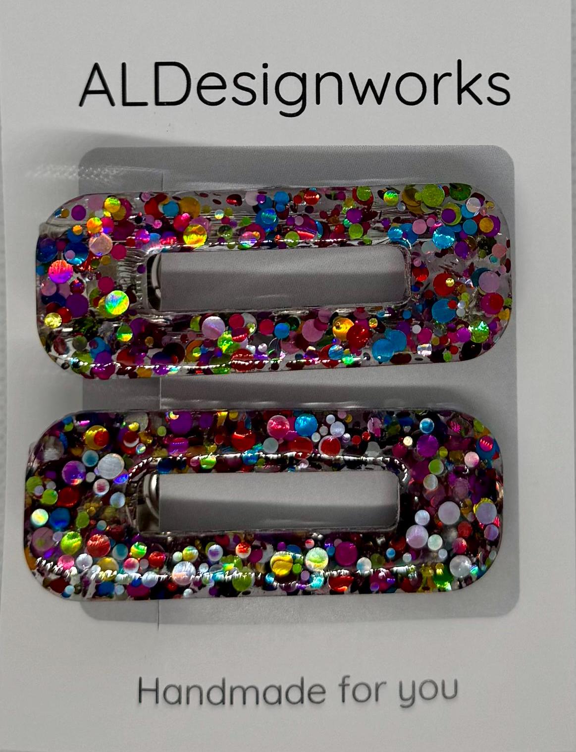 Disco glitter resin barrettes set of 2 – handmade multicolor sparkly hair clips