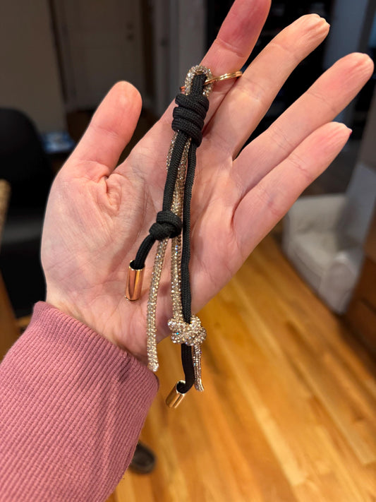 Black Rhinestone Paracord Keychain – handmade black paracord and rhinestone keyring accessory