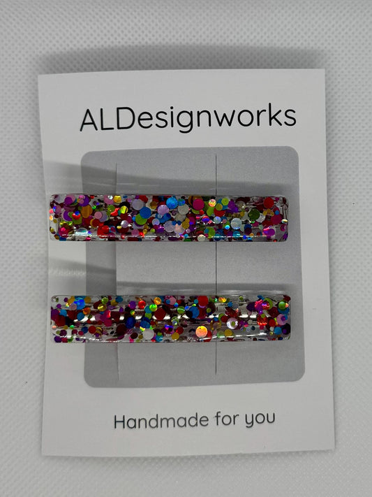 Disco glitter resin barrettes set of 2 – handmade multicolor sparkly hair clips