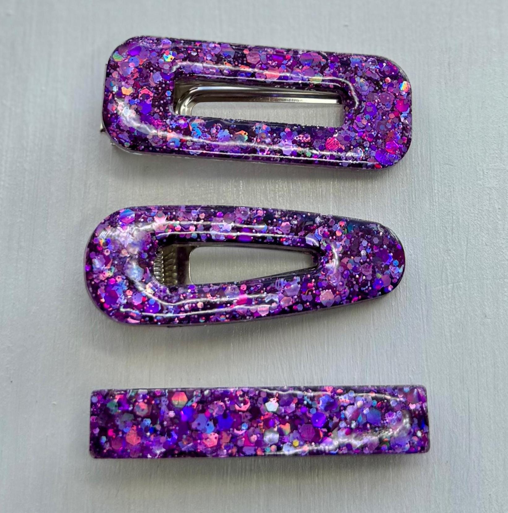 Purple haze glitter resin barrettes set of 2 – handmade sparkly hair clips