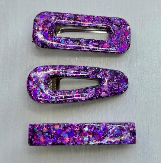 Purple haze glitter resin barrettes set of 2 – handmade sparkly hair clips