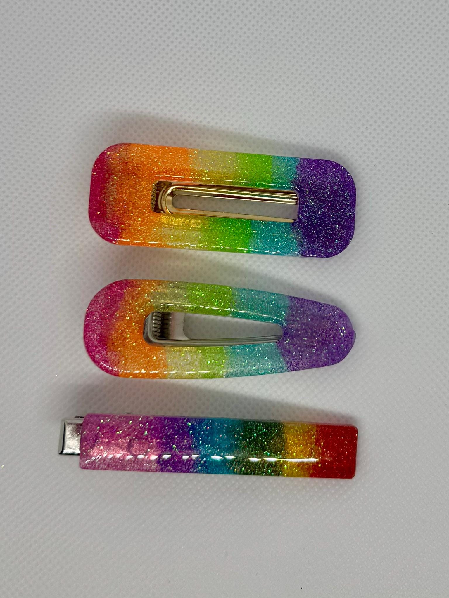 Rainbow resin glitter barrettes set of 2 – handmade colorful sparkly hair clips