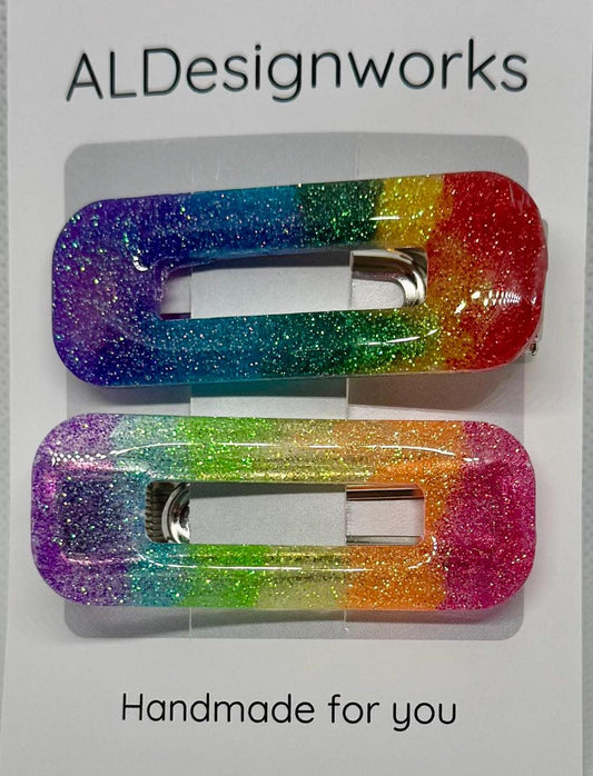 Rainbow resin glitter barrettes set of 2 – handmade colorful sparkly hair clips