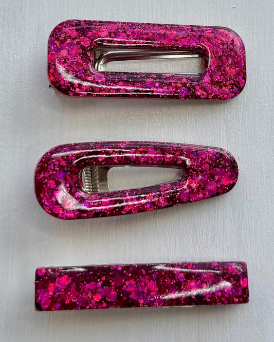 Hot pink glitter resin barrettes set of 2 – handmade sparkly hair clips