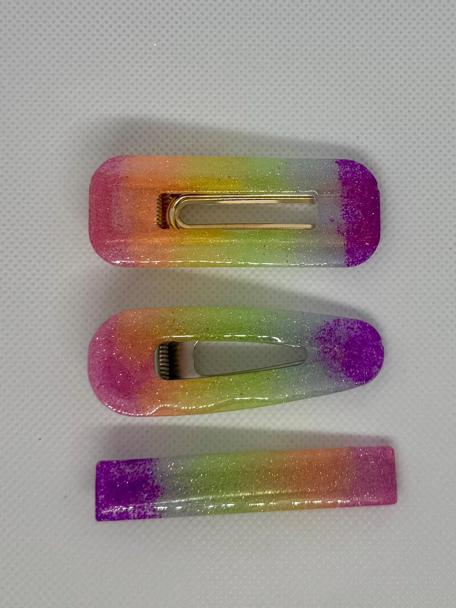 Pastel rainbow glitter resin barrettes set of 2 – handmade sparkle hair clips
