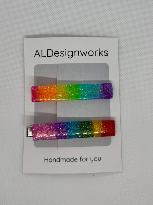Rainbow resin glitter barrettes set of 2 – handmade colorful sparkly hair clips