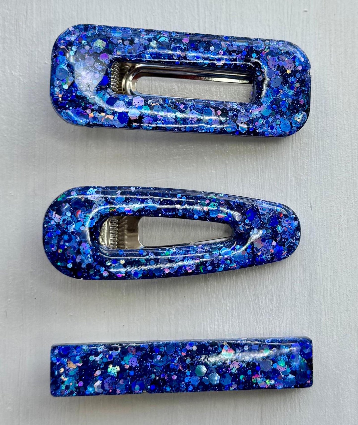 Blue glitter resin barrettes set of 2 – handmade sparkly hair clips