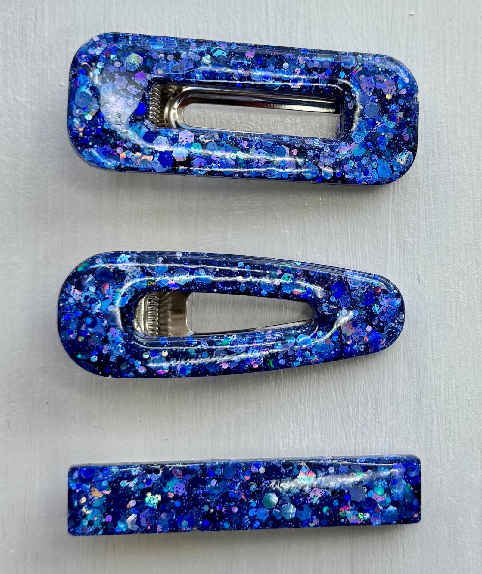 Blue glitter resin barrettes set of 2 – handmade sparkly hair clips