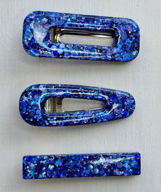 Blue glitter resin barrettes set of 2 – handmade sparkly hair clips