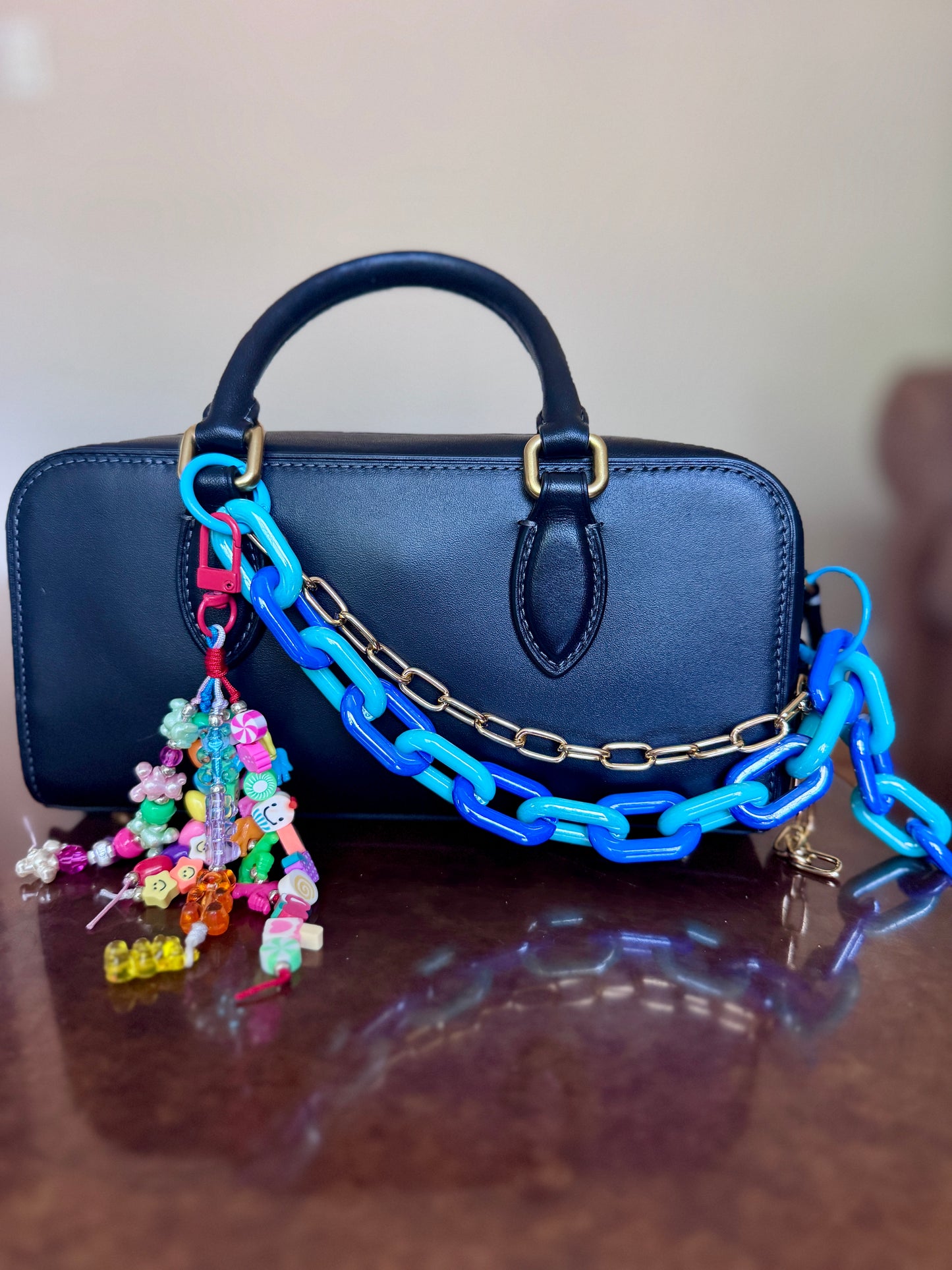 Colorful Link Bag Charm & Gold Tone Chain (12in)