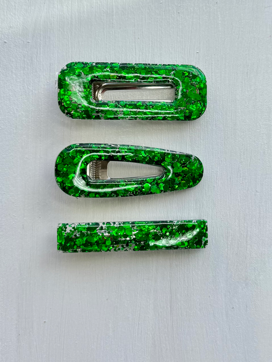 Green glitter resin barrettes set of 2 – handmade sparkly hair clips