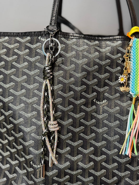 Black white bag charm keychain with rhinestone beads – handmade accessory

