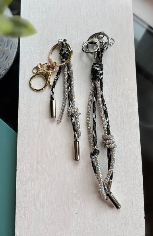 Black white bag charm keychain with rhinestone beads – handmade accessory

