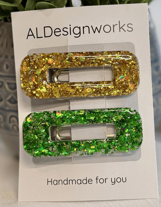 St. Patrick’s Day glitter resin barrettes set of 2 – handmade festive hair accessories