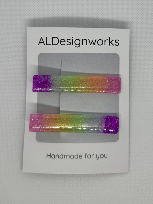 Pastel rainbow glitter resin barrettes set of 2 – handmade sparkle hair clips