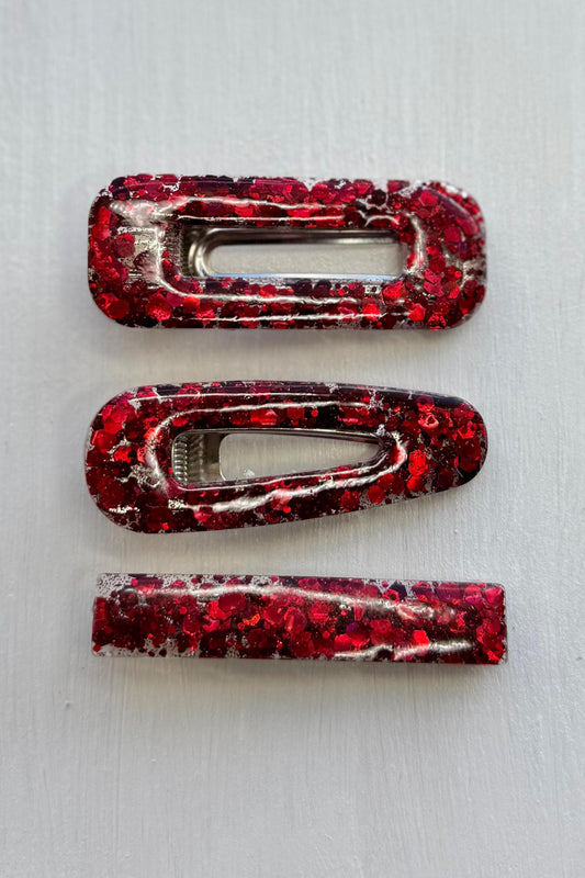 Red glitter resin barrettes set of 2 – handmade sparkly hair clips