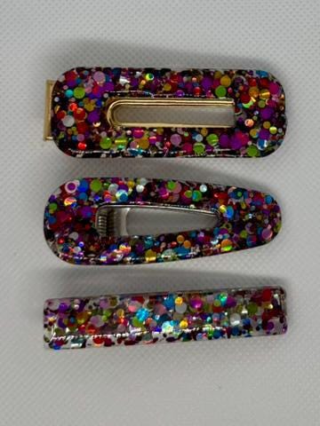 Disco glitter resin barrettes set of 2 – handmade multicolor sparkly hair clips